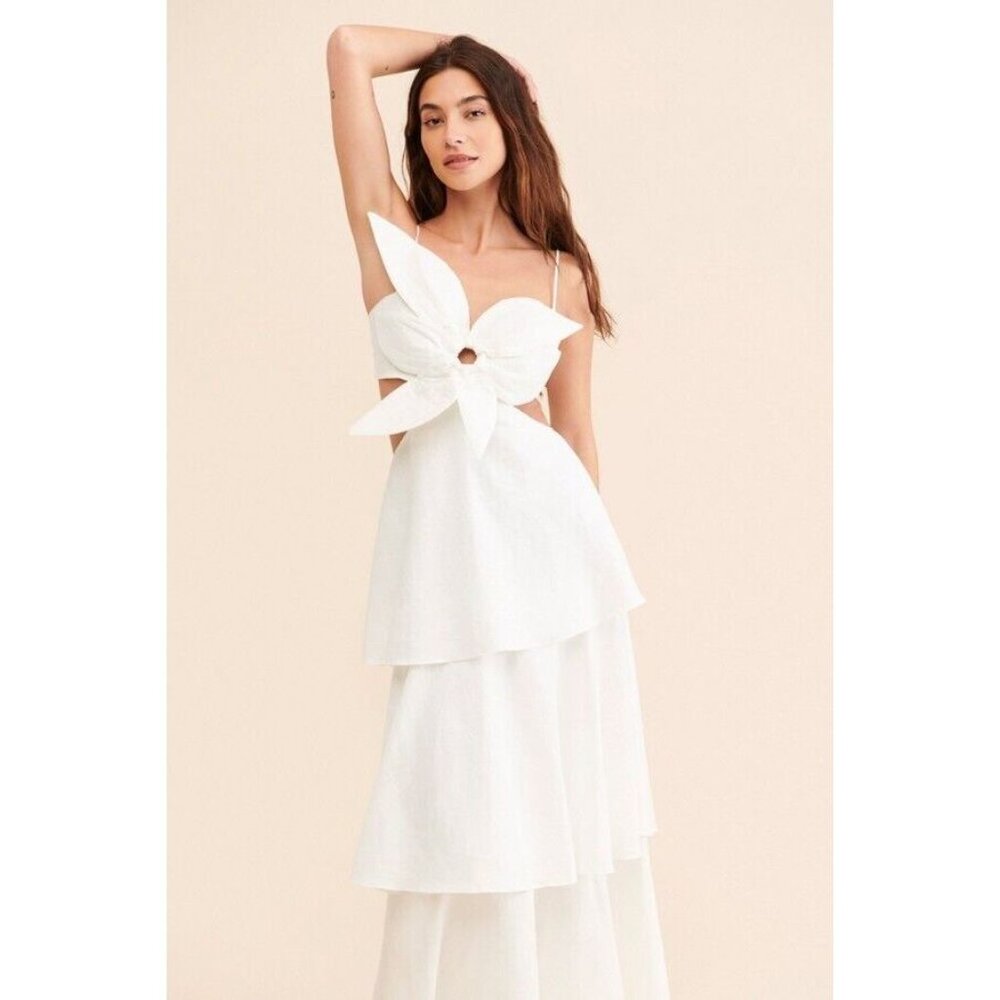 FARM Rio White Tiered Maxi Dress with Floral Cutout
